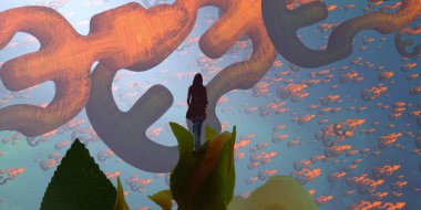 Soyut renkli arka plan, hayal gücü kavramı insan silueti.