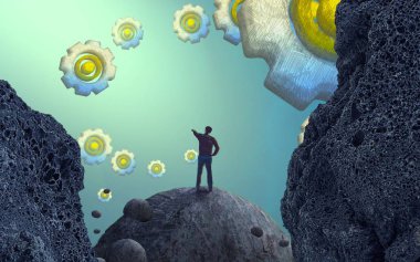 2d illüstrasyon. Soyut rüya gibi motivasyonel görüntü. Hayali dünyada bir kişinin rüyada olması nın illüstrasyonu.