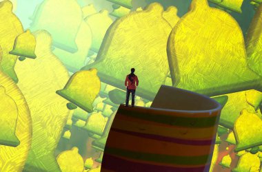 2d illüstrasyon kompozisyonu. Soyut rüya gibi motivasyonel görüntü. Hayali dünyada bir rüya da olan kişinin İllüstrasyon. Renkli zemin