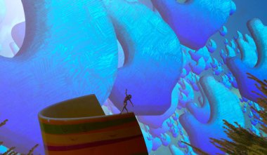 2d illüstrasyon kompozisyonu. Soyut rüya gibi motivasyonel görüntü. Hayali dünyada bir rüya da olan kişinin İllüstrasyon. Renkli zemin