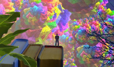 2D çizim. Soyut rüya gibi motive edici bir görüntü. Hayali dünyada bir insanın rüyada olduğu tasviri. Matematiksel şekil.