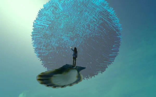 2d illustration. Abstract dreamlike motivational image. Illustration of person being in a dream in imaginary world. Fluffy ball.