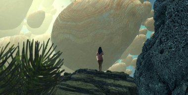  2d illüstrasyon. İnsan kenarda duruyor. Rüya gibi soyut hayali görüntü. Hayali dünya illüstrasyon