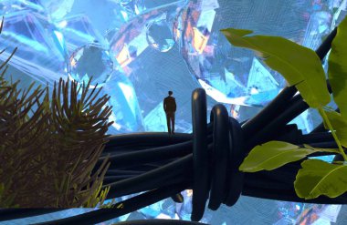 2d illüstrasyon. Soyut rüya gibi motivasyonel görüntü. Hayali dünyada bir kişinin rüyada olması nın illüstrasyonu. 