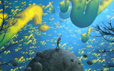 Soyut renkli arka plan, hayal gücü kavramı insan silueti.