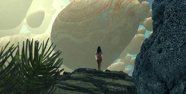  2d illüstrasyon. İnsan kenarda duruyor. Rüya gibi soyut hayali görüntü. Hayali dünya illüstrasyon