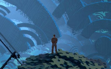 2d illüstrasyon. Soyut rüya gibi motivasyonel görüntü. Hayali dünyada bir rüya da olan kişinin İllüstrasyon. Kablosuz İletişim.