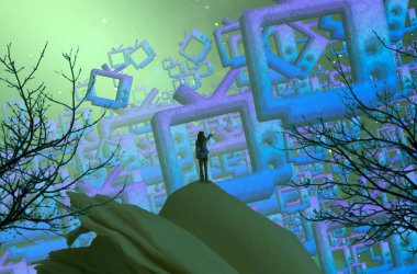 2d illüstrasyon kompozisyonu. Soyut rüya gibi motivasyonel görüntü. Hayali dünyada bir rüya da olan kişinin İllüstrasyon. Renkli zemin.