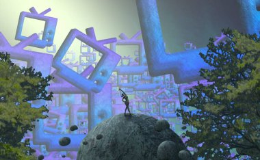 2d illüstrasyon. Soyut rüya gibi motivasyonel görüntü. Hayali dünyada bir rüya da olan kişinin İllüstrasyon. Renkli zemin