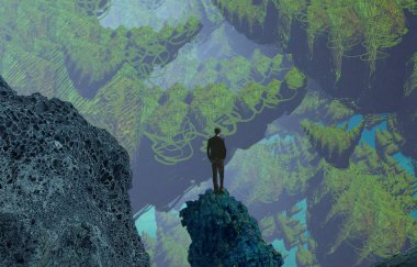 2d illüstrasyon. Soyut rüya gibi motivasyonel görüntü. Hayali dünyada bir rüya da olan kişinin İllüstrasyon. Yosun nesnesi.