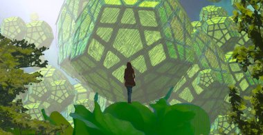 2d illüstrasyon. Soyut rüya gibi motivasyonel görüntü. Hayali dünyada bir kişinin rüyada olması nın illüstrasyonu. 