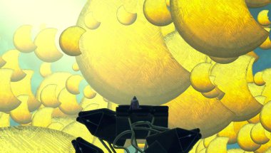 2d illüstrasyon kompozisyonu. Soyut rüya gibi motivasyonel görüntü. Hayali dünyada bir rüya da olan kişinin İllüstrasyon. Renkli zemin