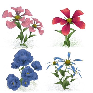Beyaz arka planda suluboya çiçekler seti