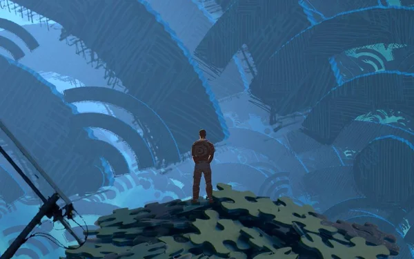 2d illüstrasyon. Soyut rüya gibi motivasyonel görüntü. Hayali dünyada bir rüya da olan kişinin İllüstrasyon. Kablosuz İletişim.