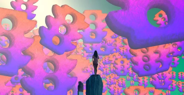 2d illustration. Abstract dreamlike motivational image. Illustration of person being in a dream in imaginary world. Colorful backdrop
