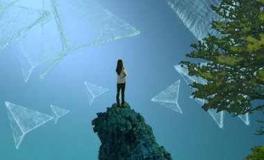 2d illüstrasyon. Soyut rüya gibi motivasyonel görüntü. Hayali dünyada bir rüya da olan kişinin İllüstrasyon. Sanal hologram. Bilgisayar Grafikleri.