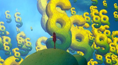 2d illüstrasyon kompozisyonu. Soyut rüya gibi motivasyonel görüntü. Hayali dünyada bir rüya da olan kişinin İllüstrasyon. Renkli zemin