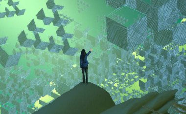 2d illüstrasyon. Soyut rüya gibi motivasyonel görüntü. Hayali dünyada bir kişinin rüyada olması nın illüstrasyonu.