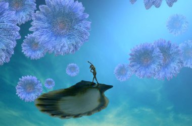 2d illüstrasyon. Soyut rüya gibi motivasyonel görüntü. Hayali dünyada bir kişinin rüyada olması nın illüstrasyonu. 