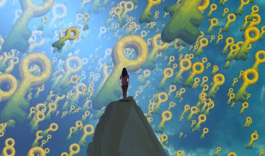 2d illüstrasyon. İnsan kenarda duruyor. Rüya gibi soyut hayali görüntü. Hayali dünya illüstrasyonu. Altın anahtar güvenliği.