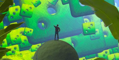 2d illüstrasyon. Soyut rüya gibi motivasyonel görüntü. Hayali dünyada bir rüya da olan kişinin İllüstrasyon. Gözlem. Zar sonucu.