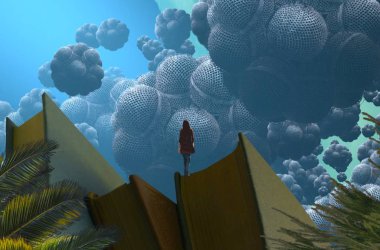 2d illüstrasyon. Hayali rüya gibi motivasyonel illüstrasyon. Rüya taslayan kişi.