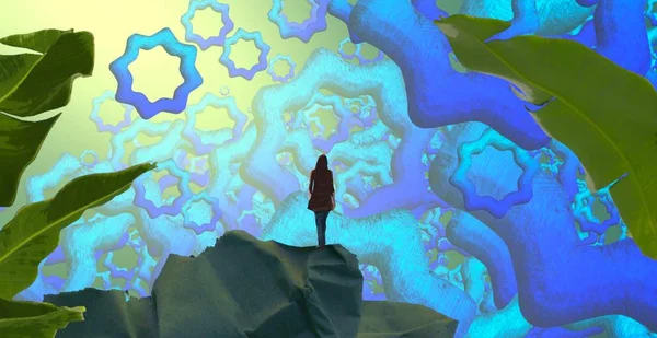 Soyut renkli arka plan, hayal gücü kavramı insan silueti.