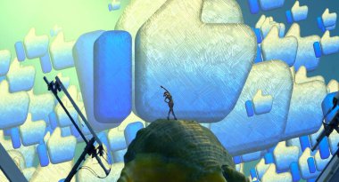 2d illüstrasyon. Hayali rüya gibi motivasyonel illüstrasyon. Rüya yıkan biri. Sosyal medya beğenileri. Başparmak yukarı.