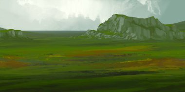 Guaj veya akrilik boyalar ile çizim dağların Manzara