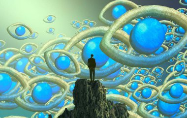 Göz. Gözlemci. 2d illüstrasyon. Soyut rüya gibi motivasyonel görüntü. Hayali dünyada bir kişinin rüyada olması nın illüstrasyonu.