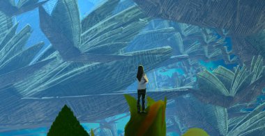 2d illüstrasyon. Soyut rüya gibi motivasyonel görüntü. Hayali dünyada bir kişinin rüyada olması nın illüstrasyonu. 