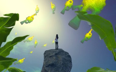 Soyut renkli arka plan, hayal gücü kavramı insan silueti.