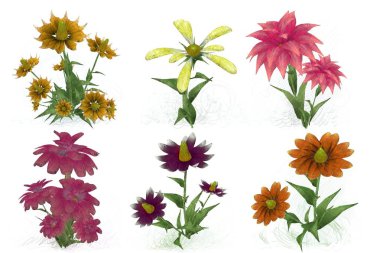 Beyaz arka planda suluboya çiçekler seti