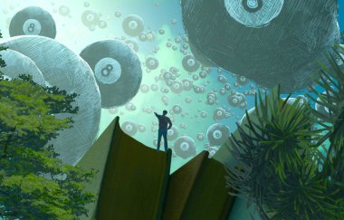 2d illüstrasyon. Soyut rüya gibi motivasyonel görüntü. Hayali dünyada bir kişinin rüyada olması nın illüstrasyonu. 