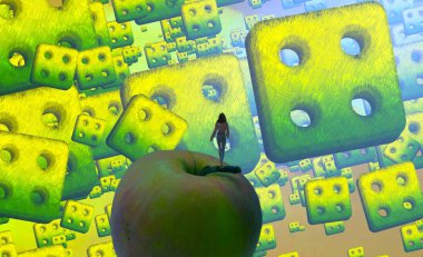 2d illüstrasyon. Soyut rüya gibi motivasyonel görüntü. Hayali dünyada bir rüya da olan kişinin İllüstrasyon. Gözlem. Zar sonucu.