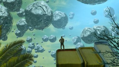 2d illüstrasyon. Soyut rüya gibi motivasyonel görüntü. Hayali dünyada bir kişinin rüyada olması nın illüstrasyonu. 