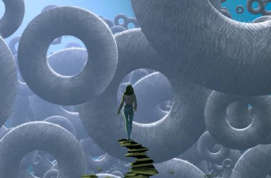 2d illüstrasyon. Soyut rüya gibi motivasyonel görüntü. Hayali dünyada bir rüya da olan kişinin İllüstrasyon. Nesneyi yuvarla