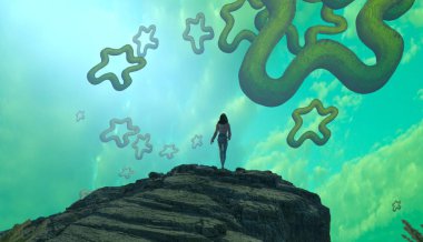 Soyut renkli arka plan, hayal gücü kavramı insan silueti.