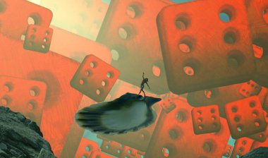 2d illüstrasyon. Soyut rüya gibi motivasyonel görüntü. Hayali dünyada bir rüya da olan kişinin İllüstrasyon. Gözlem. Zar sonucu.