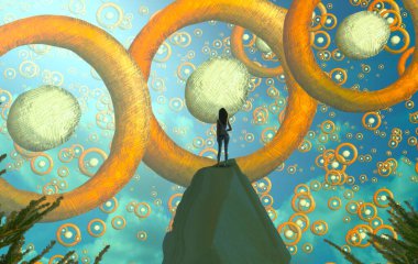 Soyut renkli arka plan, hayal gücü kavramı insan silueti.