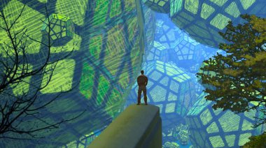 2d illüstrasyon. Soyut rüya gibi motivasyonel görüntü. Hayali dünyada bir kişinin rüyada olması nın illüstrasyonu. 