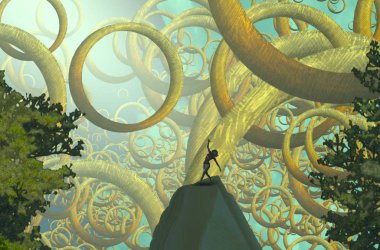 Soyut renkli arka plan, hayal gücü kavramı insan silueti.