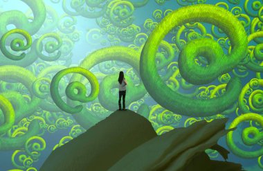 Soyut renkli arka plan, hayal gücü kavramı insan silueti.