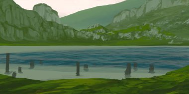 Guaj veya akrilik boyalar ile çizim dağların Manzara