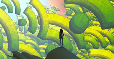 Soyut renkli arka plan, hayal gücü kavramı insan silueti.