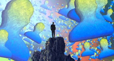 Soyut renkli arka plan, hayal gücü kavramı insan silueti.