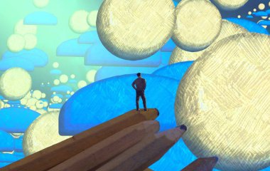 Soyut renkli arka plan, hayal gücü kavramı insan silueti.