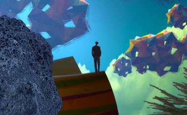 Soyut renkli arka plan, hayal gücü kavramı insan silueti.