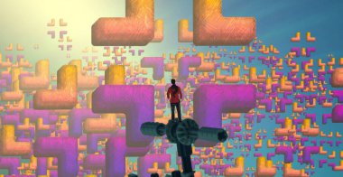 Soyut renkli arka plan, hayal gücü kavramı insan silueti.