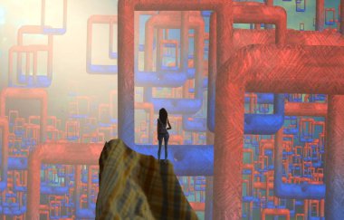 Soyut renkli arka plan, hayal gücü kavramı insan silueti.